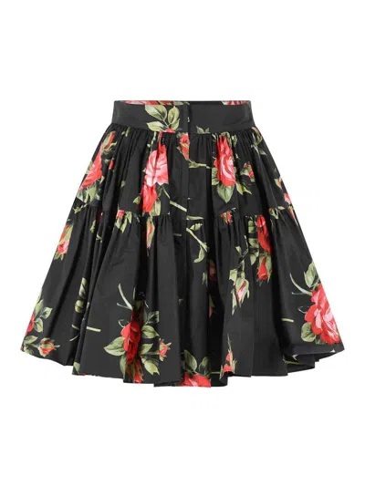 Dolce & Gabbana Mini Skirt With Rose Bouquet Print And Peplum Detail, Size 40 In Black