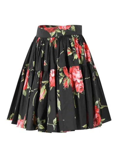 Dolce & Gabbana Mini Skirt With Rose Bouquet Print And Peplum Detail, Size 40 In Black
