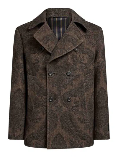 Etro Double-breasted Herringbone Paisley Coat In Brown