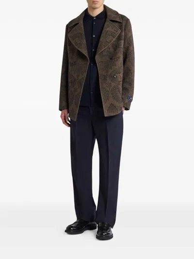 Etro Double-breasted Herringbone Paisley Coat In Brown