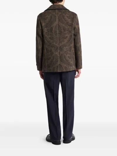 Etro Double-breasted Herringbone Paisley Coat In Brown