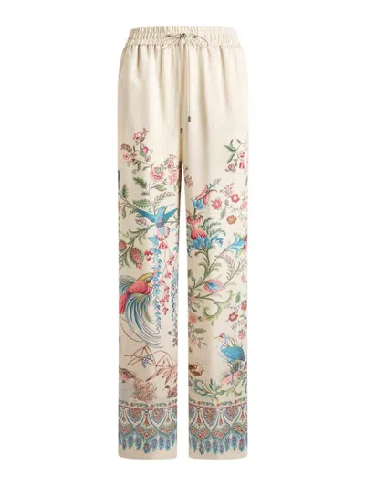 Etro Women White Pants With Elastic Drawstring Waist And All-over Floral Print In Tech Fabric Woman In Neutral