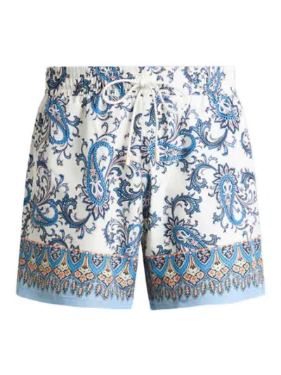 Etro Men Powder Blue Paisley Ramage-printed Swim Shorts In White