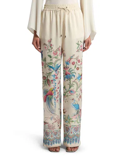 Etro Women White Pants With Elastic Drawstring Waist And All-over Floral Print In Tech Fabric Woman In Neutral