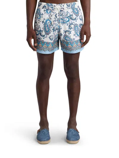 Etro Men Powder Blue Paisley Ramage-printed Swim Shorts In White