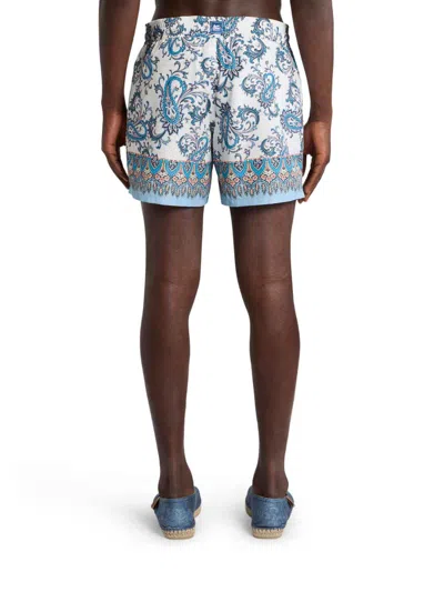 Etro Men Powder Blue Paisley Ramage-printed Swim Shorts In White