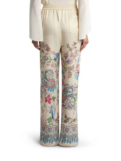 Etro Women White Pants With Elastic Drawstring Waist And All-over Floral Print In Tech Fabric Woman In Neutral