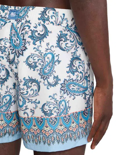 Etro Men Powder Blue Paisley Ramage-printed Swim Shorts In White