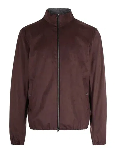 Herno Suede-texture Brown Casual Jacket With High Collar In Brown