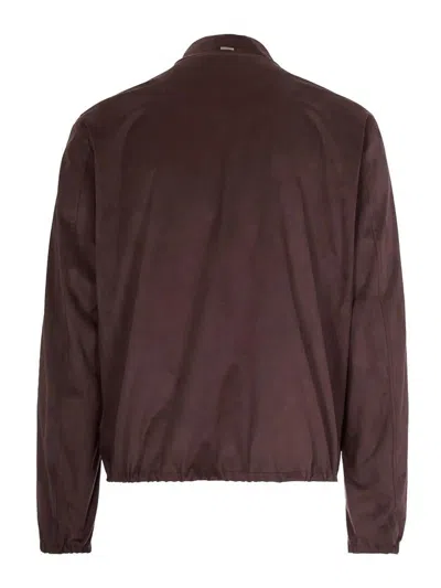 Herno Suede-texture Brown Casual Jacket With High Collar In Brown