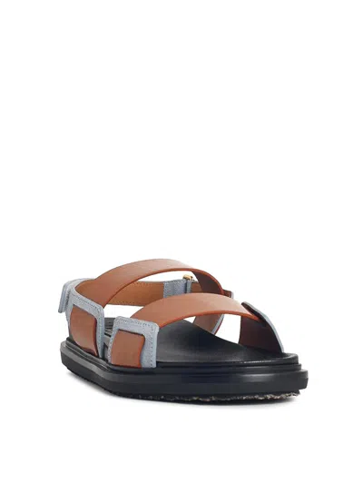 Marni Leather Double Strap Slingback Flat Sandals In Brown