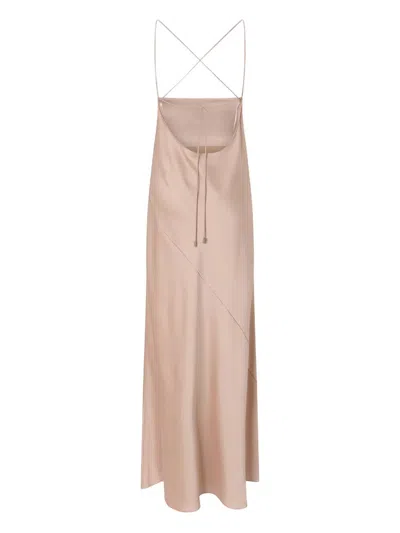 Pinko Pink Sleeveless Long Dress With Criss-crossed Spaghetti Straps In Tech Fabric Woman In Gold