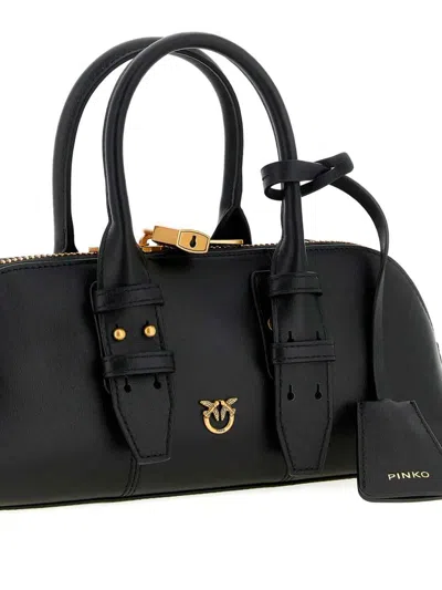 Pinko Bowling Bag Horizontal Black Handbag With Adjustable And Removable Shoulder Strap And Padlock Detail
