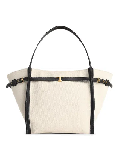 Tod's White Tote Bag With Front Leather Buckled Belt In Cotton Blend Woman