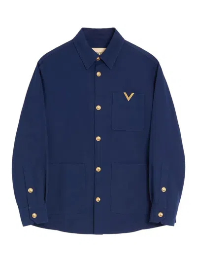 Valentino Cotton Gabardine Shirt Jacket With Vgold In Blue