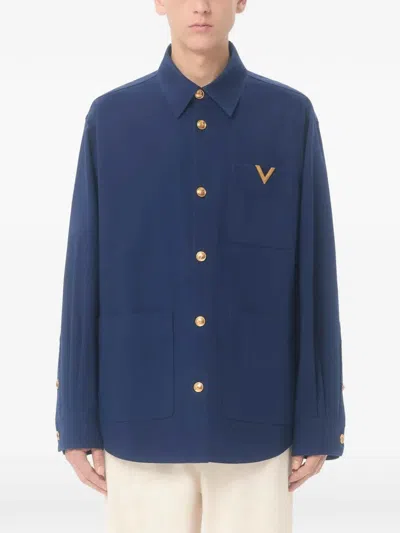 Valentino Cotton Gabardine Shirt Jacket With Vgold In Blue