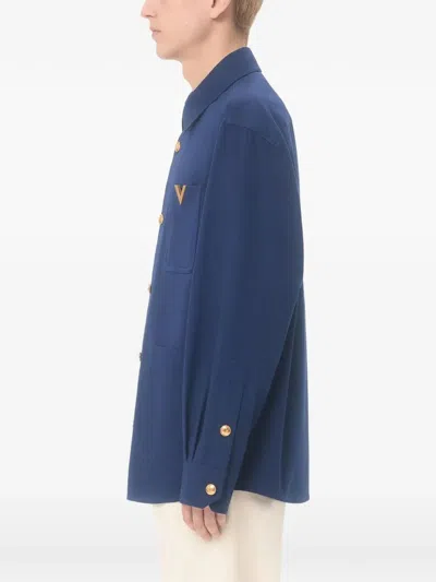 Valentino Cotton Gabardine Shirt Jacket With Vgold In Blue