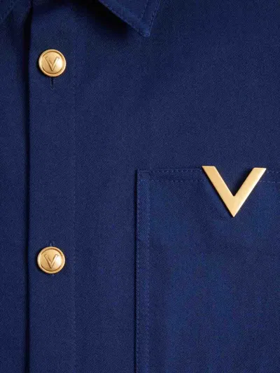 Valentino Cotton Gabardine Shirt Jacket With Vgold In Blue