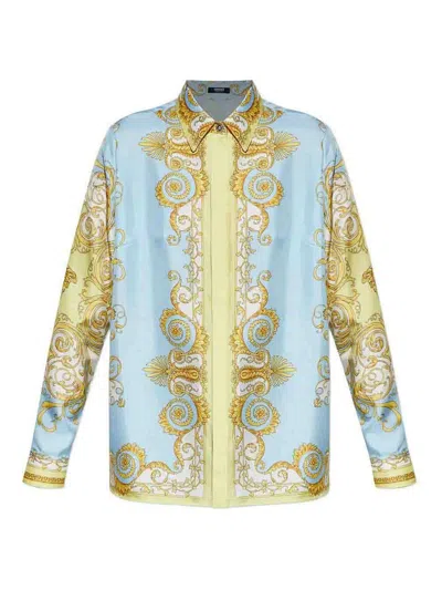 Versace Multicolor Long-sleeved Shirt With Pointed Collar And All-over Baroque Print In Silk For Women