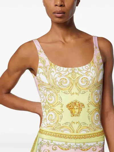 Versace Multicolor One-piece Swimsuit With All-over Medusa Print In Tech Fabric For Women In Yellow