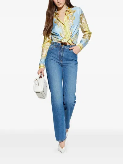 Versace Multicolor Long-sleeved Shirt With Pointed Collar And All-over Baroque Print In Silk For Women