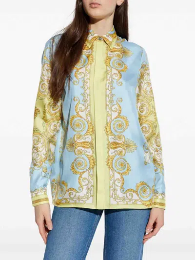 Versace Multicolor Long-sleeved Shirt With Pointed Collar And All-over Baroque Print In Silk For Women