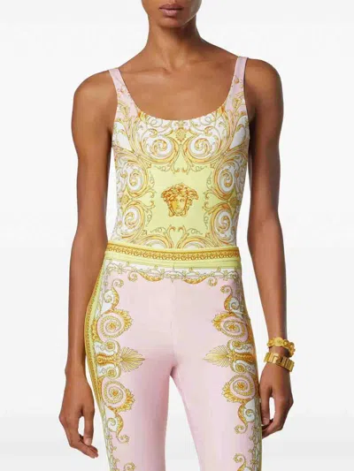 Versace Multicolor One-piece Swimsuit With All-over Medusa Print In Tech Fabric For Women In Yellow