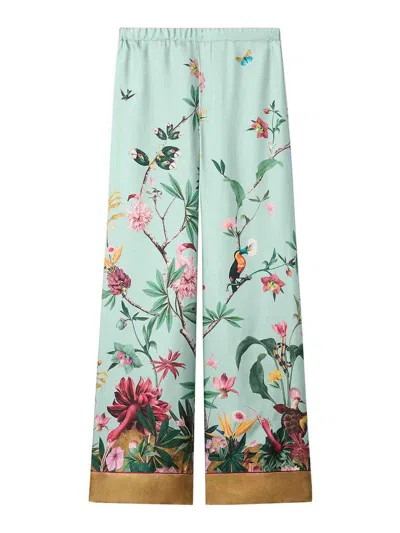 La Doublej Multicolor Pants With Rear Elastic Waist And All-over Floral Motif In Silk Woman In Blue