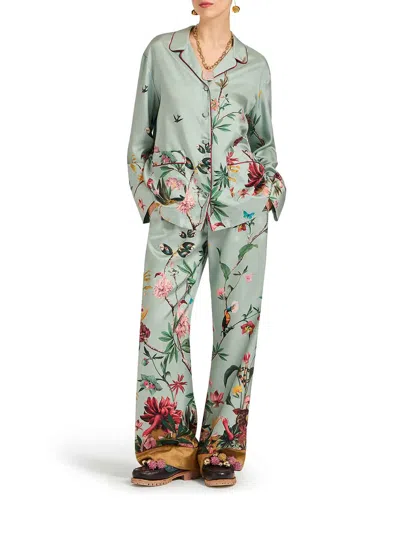La Doublej Multicolor Pants With Rear Elastic Waist And All-over Floral Motif In Silk Woman In Blue
