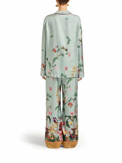 La Doublej Multicolor Pants With Rear Elastic Waist And All-over Floral Motif In Silk Woman In Blue