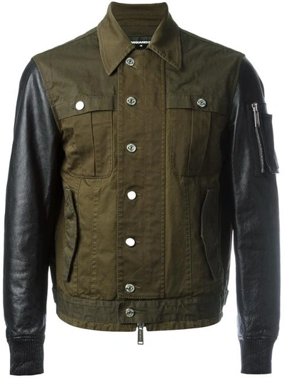 Dsquared2 Leather Sleeved Cargo Jacket In Blue Green