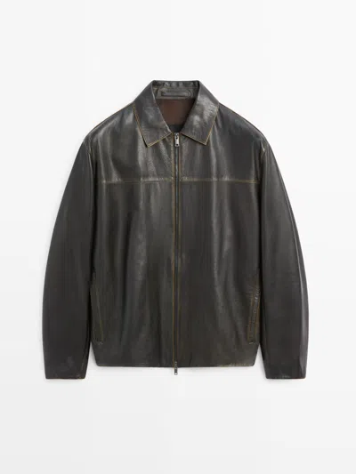 Massimo Dutti Distressed Effect Leather Jacket In Blue