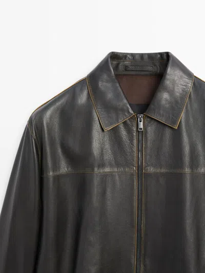 Massimo Dutti Distressed Effect Leather Jacket In Blue