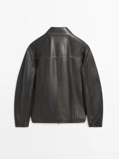 Massimo Dutti Distressed Effect Leather Jacket In Blue