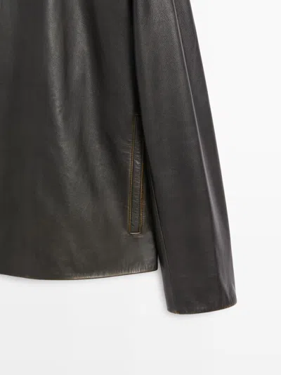 Massimo Dutti Distressed Effect Leather Jacket In Blue