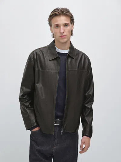 Massimo Dutti Distressed Effect Leather Jacket In Blue