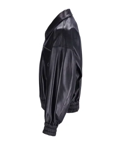 Jil Sander Leather Bomber Jacket Collared Pockets Elasticated Hem In Black
