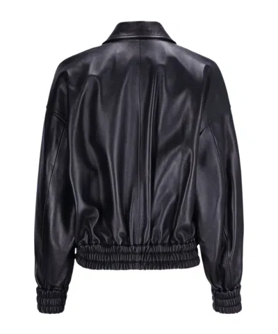 Jil Sander Leather Bomber Jacket Collared Pockets Elasticated Hem In Black
