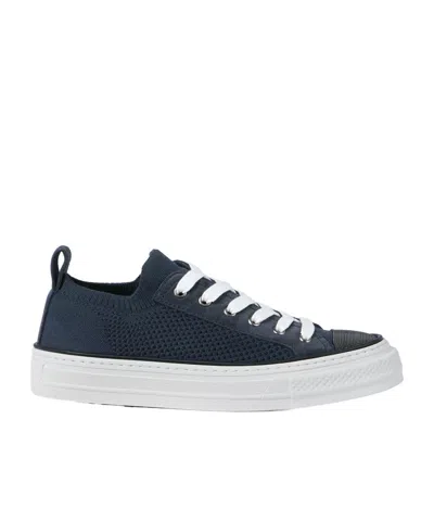Brunello Cucinelli Bead-embellished Suede-trimmed Stretch-knit Sneakers In Blue