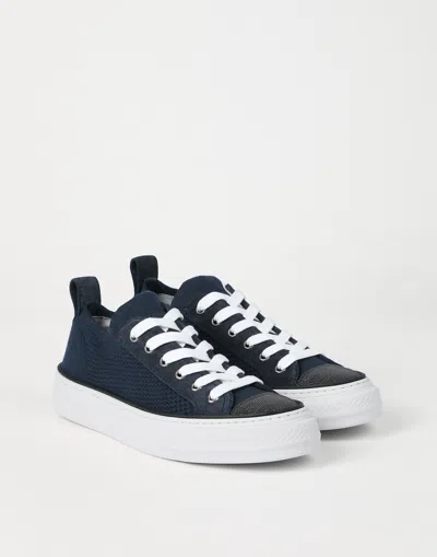 Brunello Cucinelli Bead-embellished Suede-trimmed Stretch-knit Sneakers In Blue
