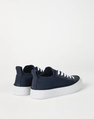 Brunello Cucinelli Bead-embellished Suede-trimmed Stretch-knit Sneakers In Blue