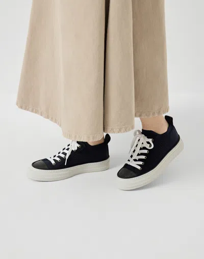 Brunello Cucinelli Bead-embellished Suede-trimmed Stretch-knit Sneakers In Blue