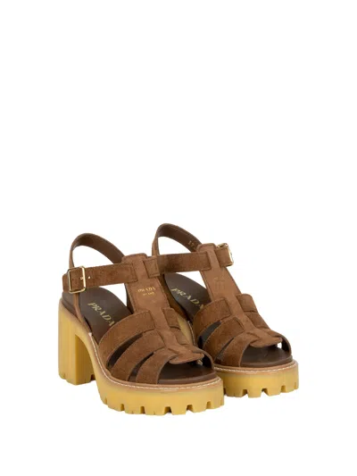 Prada High-heeled Suede Platform Sandals In Brown
