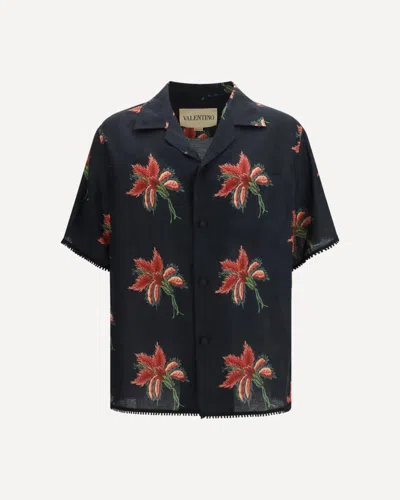 Valentino Camp Collar Shirt Floral Pattern Short Sleeves In Blue