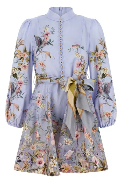 Zimmermann Rebellion Multicolor Midi Dress With Bow Detail On The Front And All-over Floral Print In Linen Woma In Blue