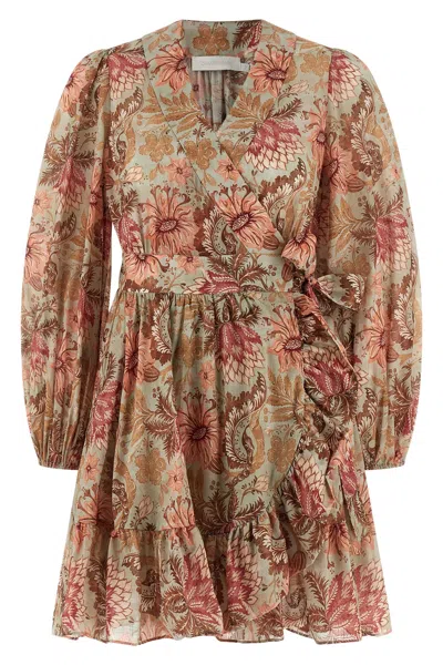 Zimmermann Daylight Mini Wrap Frill Dress Stamp Floral Sage In Brown