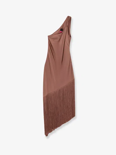 Pinko Brown Dress With Asymmetrical Design And Fringes In Tech Fabric Woman
