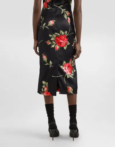 Dolce & Gabbana Women Black Dress With All-over Floral Print In Silk Woman In Multi