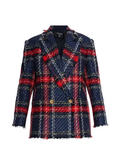 Balmain Fringed Checked Tweed Jacket In Blue