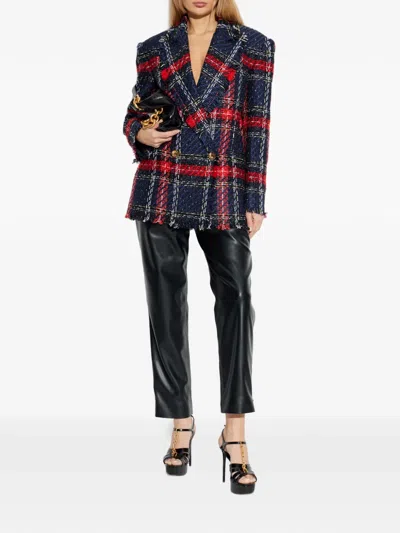 Balmain Fringed Checked Tweed Jacket In Blue